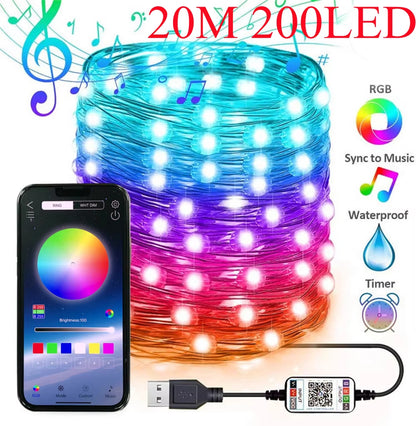 Smart RGB Christmas Fairy String Light APP Bluetooth Control Waterproof USB Copper Wire Lights 16 Colors New Year Decoration